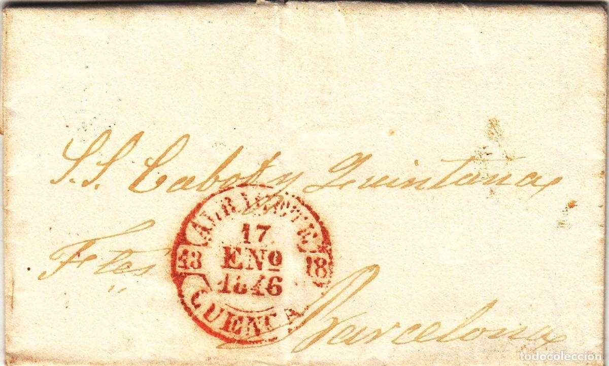 Francobolli: CRCAR009 ESPA&Ntilde;A (PREFILATELIA) CARTA COMPLETA DE ALBACETE A BARCELONA 1846 MARCA 6 EN ROJO