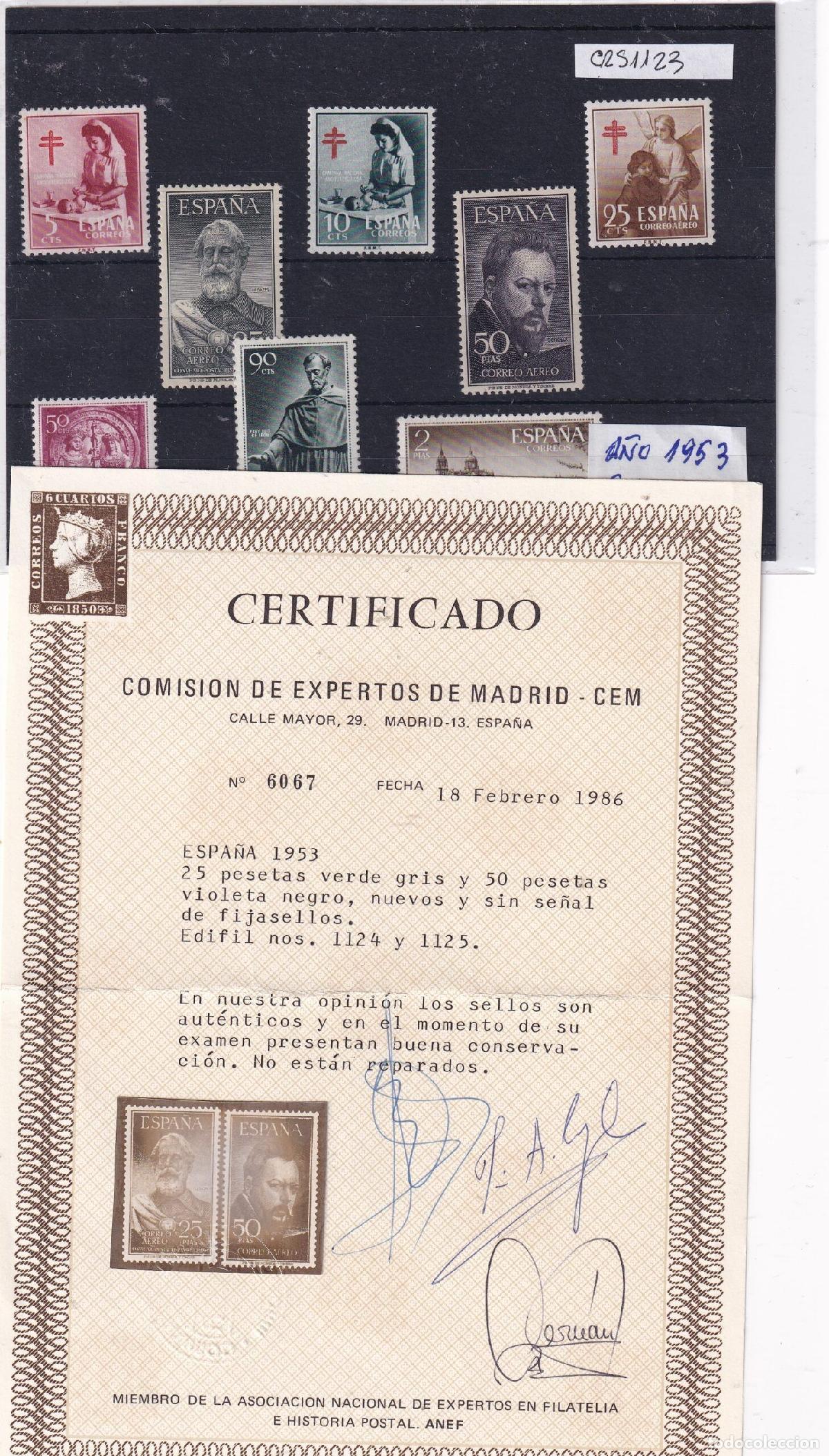 Briefmarken: CRS1123 SELLOS ESPA&Ntilde;A A&Ntilde;O 1953 COMPLETO SIN CHARNELA CON CERTIFICADO