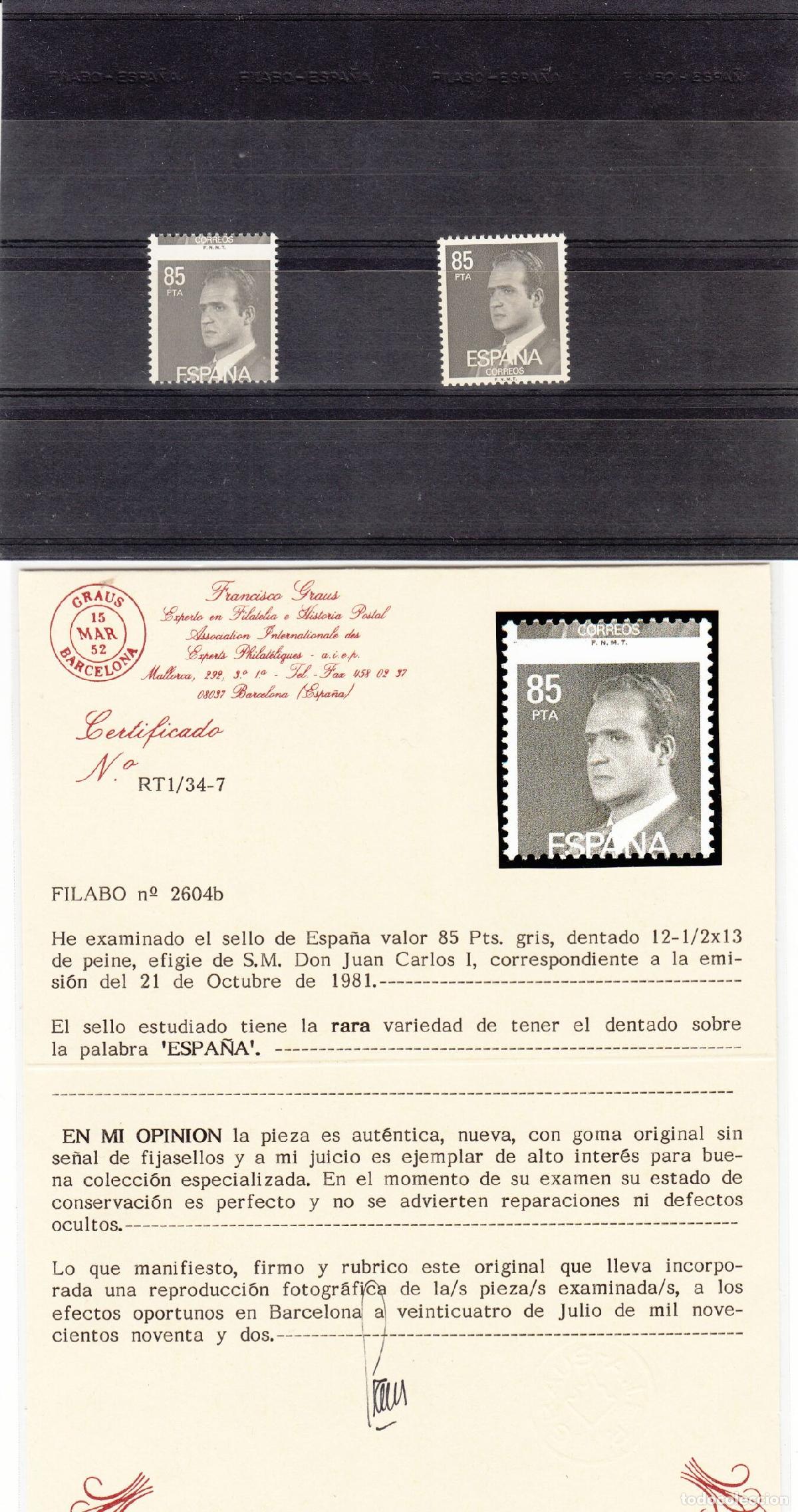 Briefmarken: CRSE0388 SELLO ESPA&Ntilde;A VARIANTE N&ordm; CAT N&ordm; CATALOGO 2604 DENTADO DESPLAZADO CON CERTIFICADO