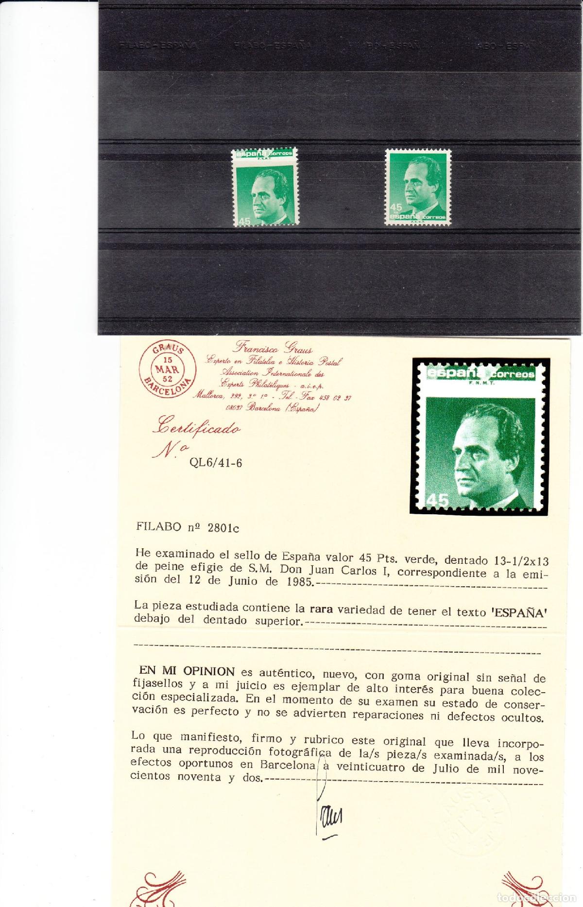 Briefmarken: CRSE0389 SELLO ESPA&Ntilde;A VARIANTE N&ordm; CAT N&ordm; CATALOGO 2801 DENTADO DESPLAZADO CON CERTIFICADO