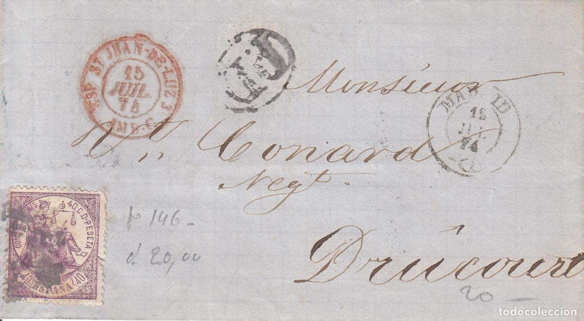 Sellos: CRCAR120 CARTA COMPLETA DE MADRID A DRUCOURT (FRANCIA) CON SELLO N&ordm; 148 MATASELLOS ROMBO PUNTOS,