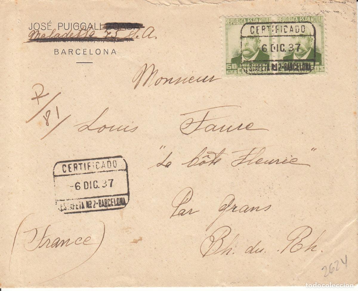 Sellos: CRCAR182 SOBRE DE BARCELONA A GRANS (FRANCIA) CON SELLO 672 -2- MATASELLO CERTIFICADO DE LA