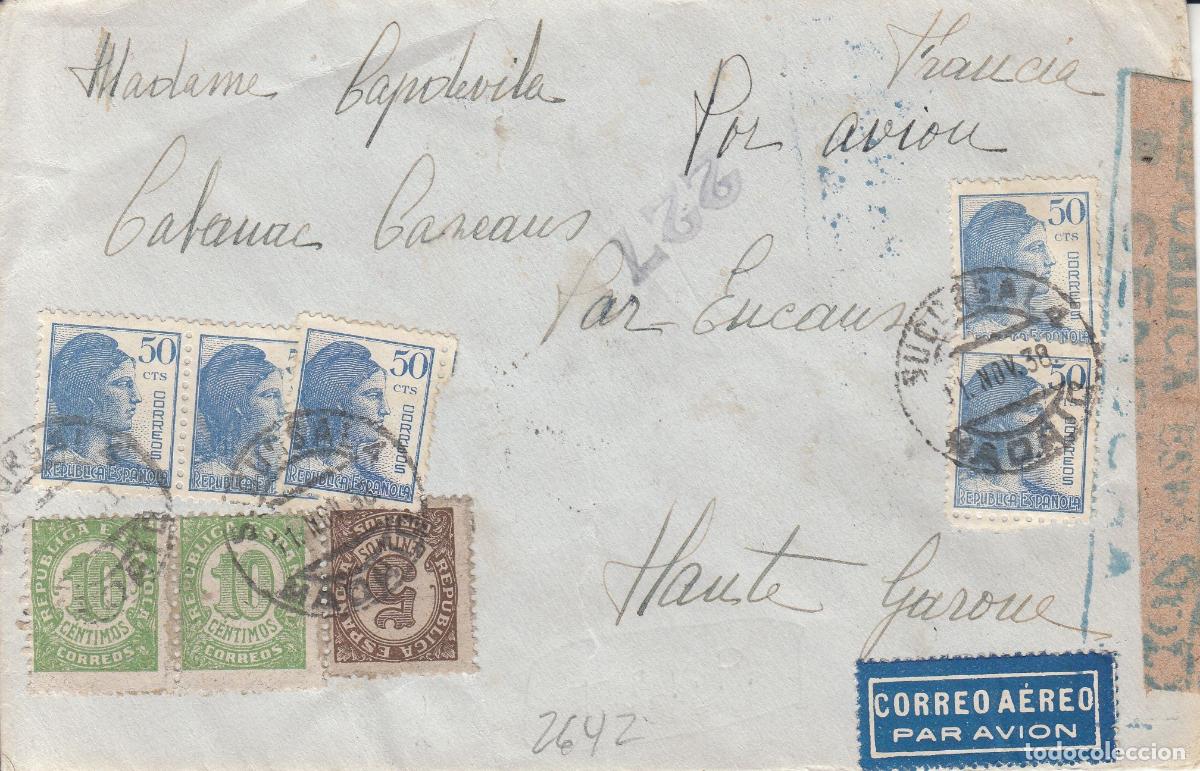Sellos: CRCAR194 SOBRE DE MADRID A FRANCIA CON SELLOS N&ordm; 745, 746 -2- Y 753 -5- MARCA DE CENSURA EN AZUL.