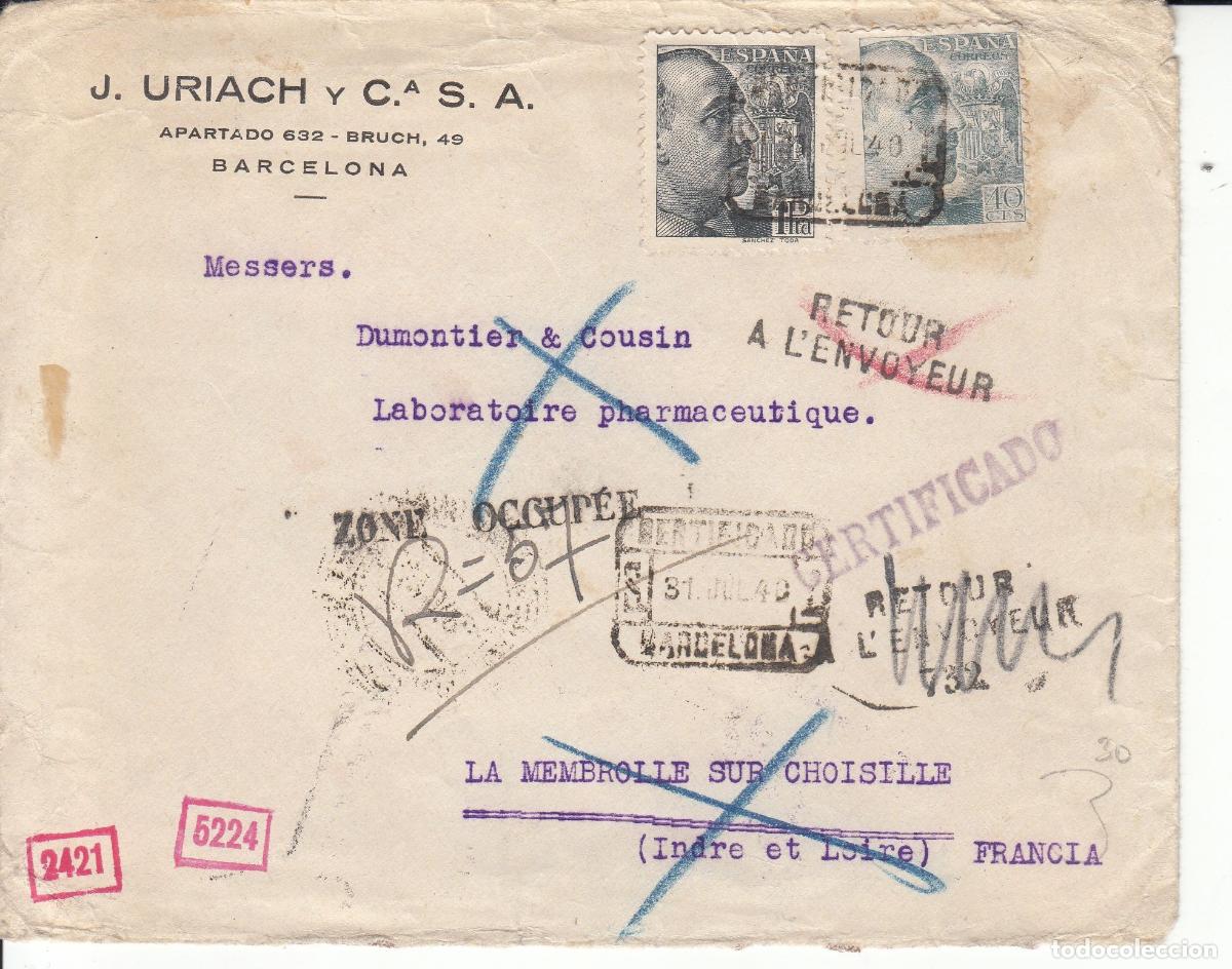 Sellos: CRCAR214 RARO SOBRE DE BARCELONA A FRANCIA CON SELLOS 875 Y 925. MATASELLO DEL 31-07-1940. MARCA DE