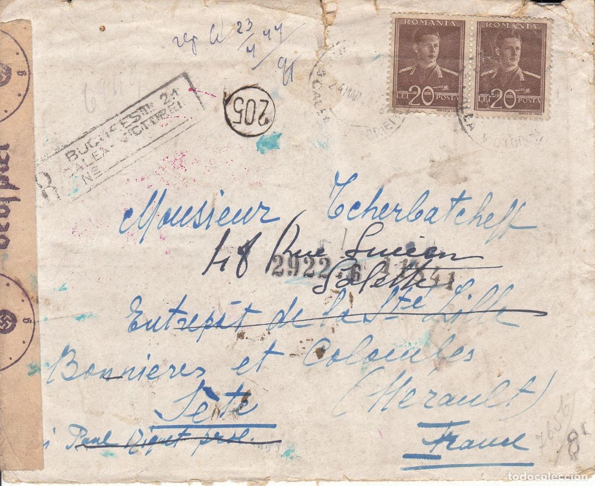 Sellos: CRCAR294 SOBRE DE BUCAREST A FRANCIA CON 2 SELLOS N&ordm; 630 EN PAREJA DE RUMANIA. BANDAS Y MARCA DE
