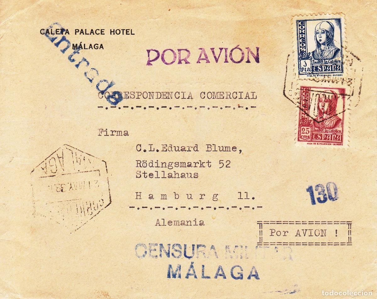 Sellos: CRCAR201 SOBRE DE MALAGA A HAMBURGO (ALEMANIA) CON LOS SELLOS N&ordm; 822 Y 824 CENSURA MILITAR Y N&ordm; DEL