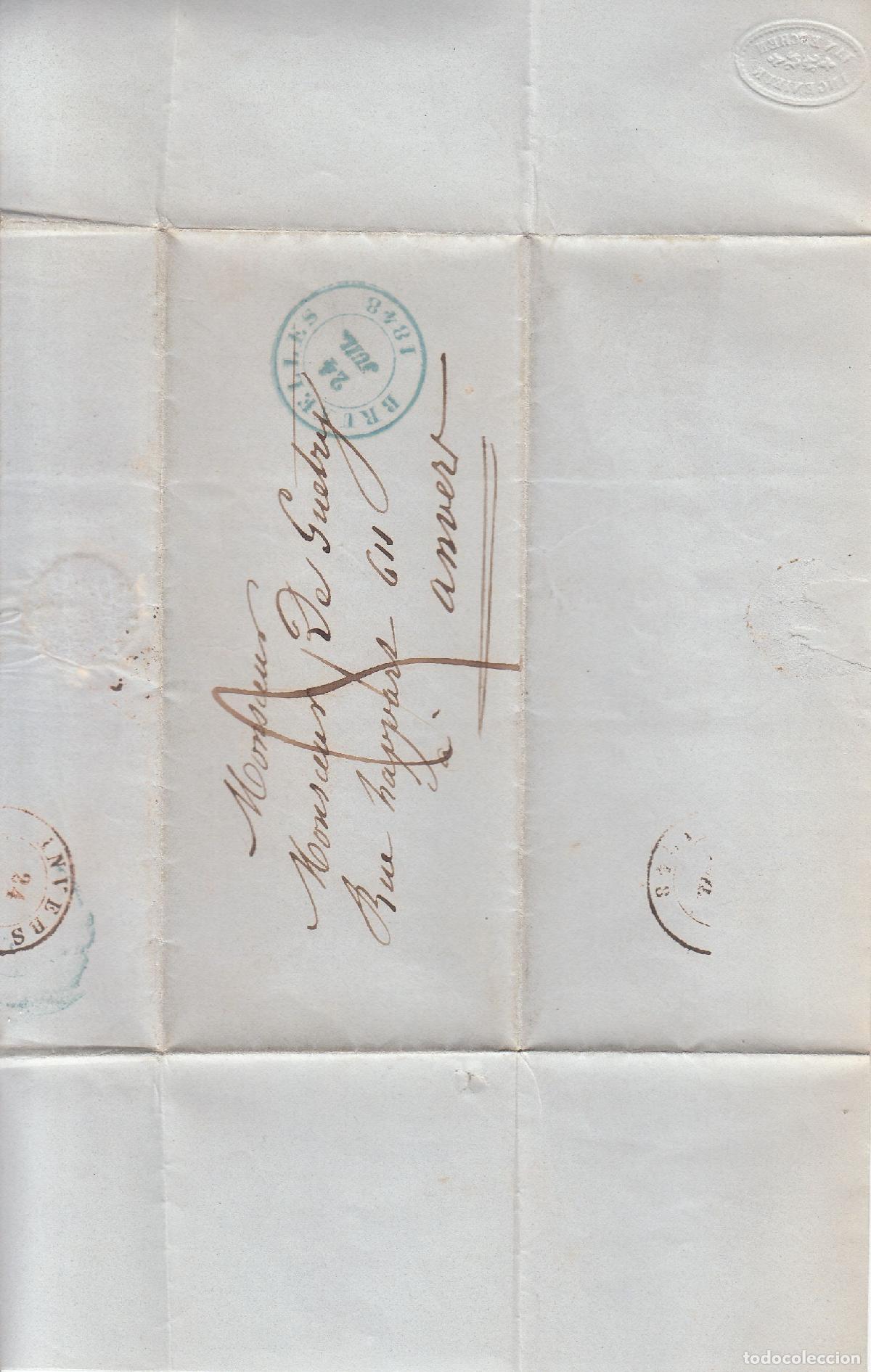 Sellos: CRCAR244 CARTA COMPLETA DE BRUSELAS A ANVERS CON PORTEO MANUSCRITO Y FECHADOR BRUSELAS 24-07-1848