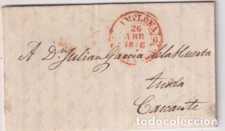 Sellos: Carta de Pamplona a Tudela. Cascante. del 26 Abr. 1846 con Baeza 34R. y fechador de llegada de Tudel