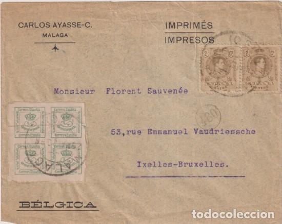 Sellos: Carlos Ayasse-c. M&aacute;laga. Frontal de Carta con membrete Franqueado con 4/4 verde. y pareja de Edifil