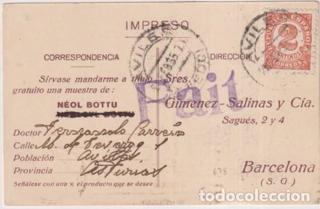 Sellos: Tarjeta de Avil&eacute;s a Barcelona del 25 de Febrero de 1935. Franqueado con Edifil 678 y tamp&oacute;n FAIT