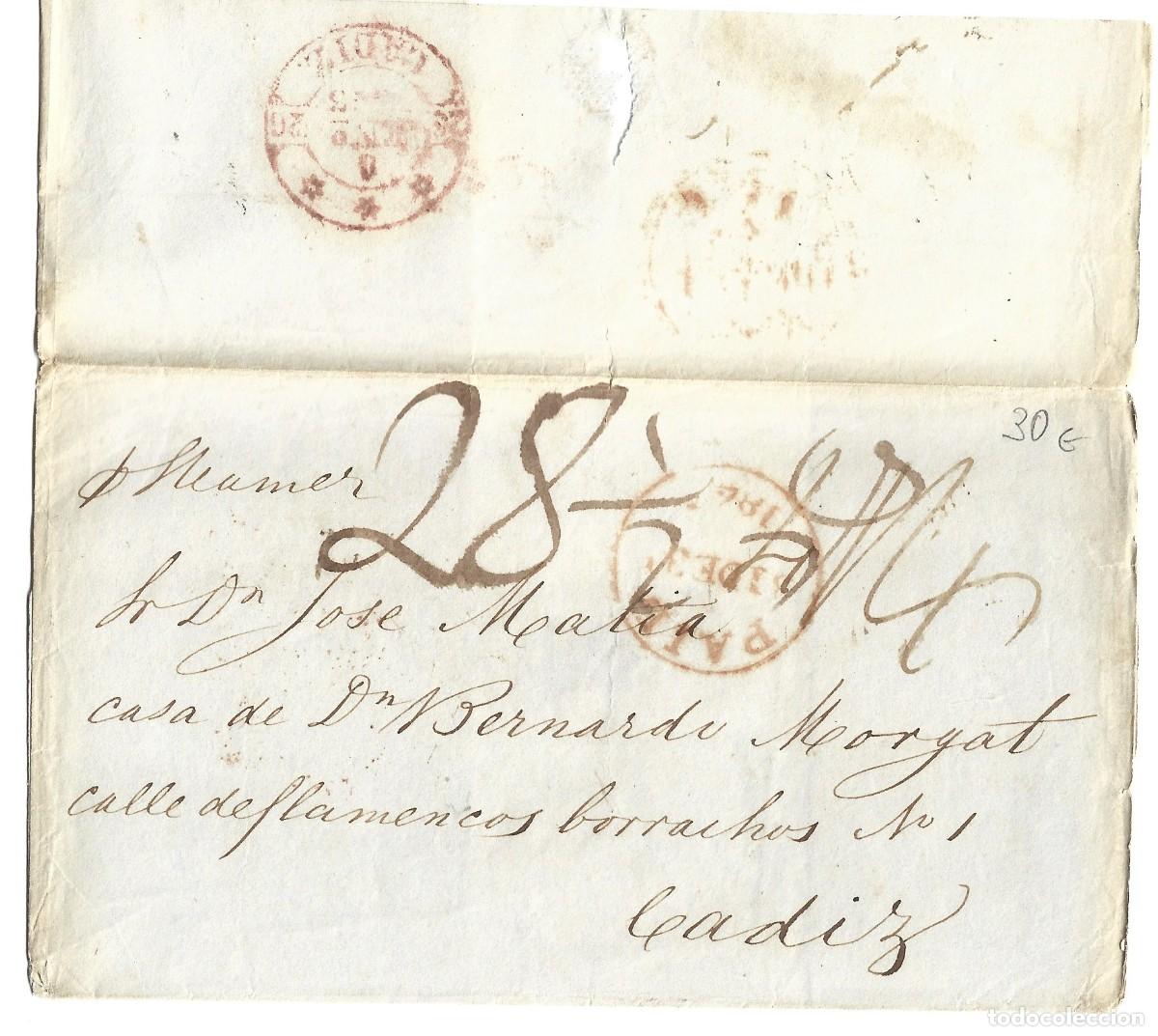 Sellos: 1843 carta prefilatelia envuelta Londres a C&aacute;diz. manuscrito P STEAMER (POR VAPOR) correo mar&iacute;timo