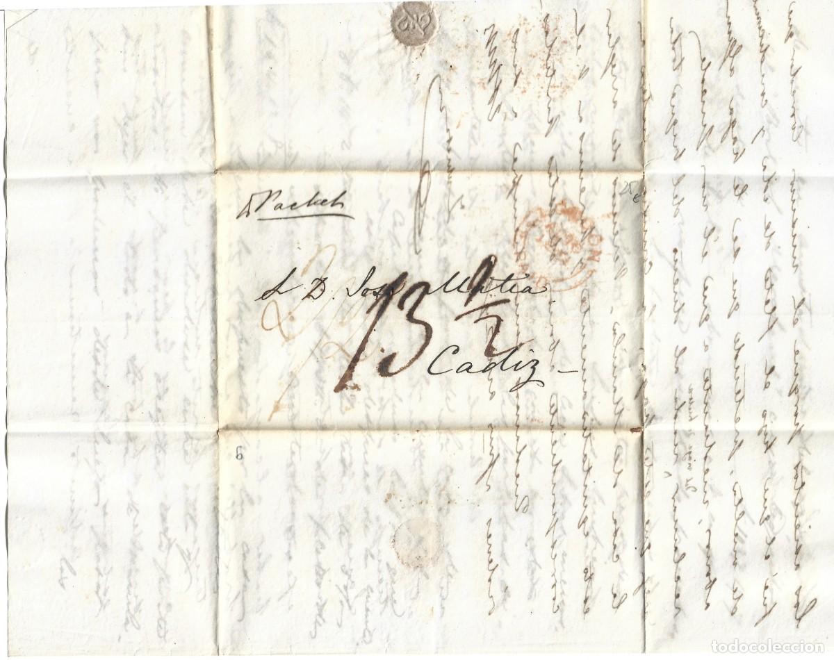 Sellos: 1857 carta prefilatelia COMPLETA Londres a C&aacute;diz. manuscrito P PACKET (POR PAQUEBOT) correo mar&iacute;timo