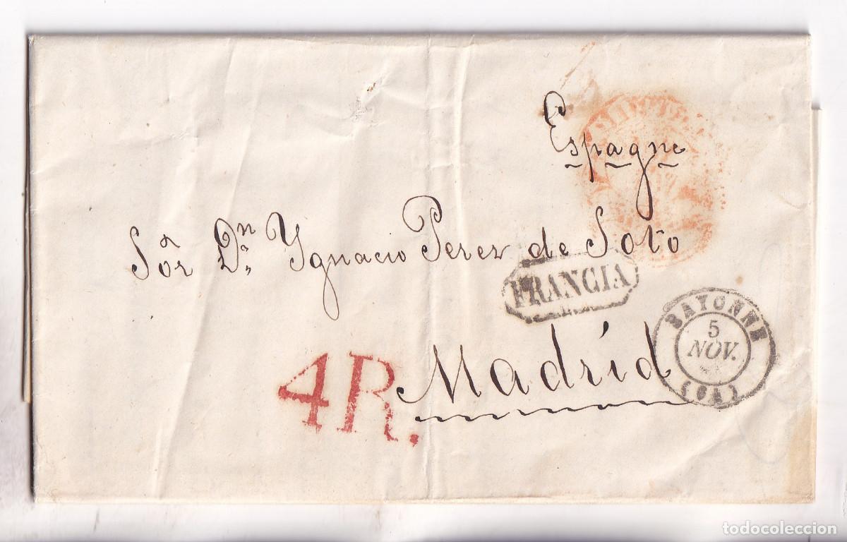 Sellos: PREFILATELIA. CARTA ENTERA. BAYONA A MADRID. 1853. MARCA FRANCIA DE IR&Uacute;N EN NEGRO. RARA