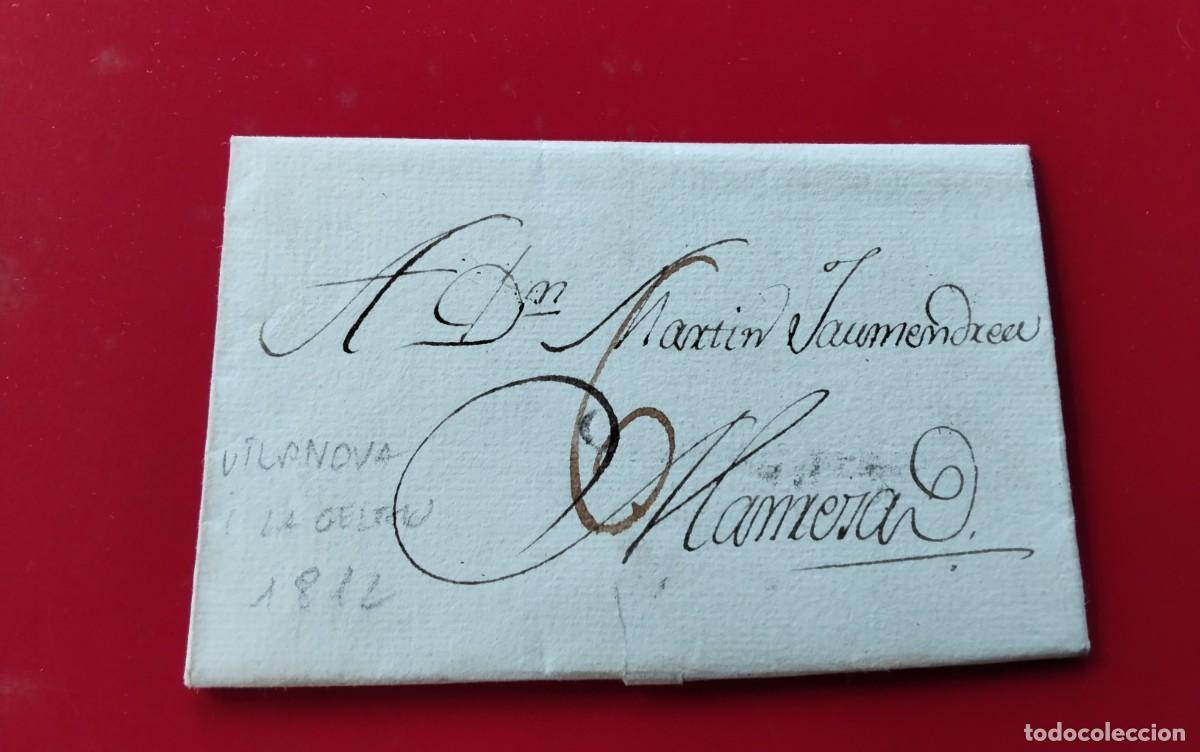 Sellos: VILANOVA Y LA GELTRU ENVUELTA PREFILATELICA CIRCULADA A MANRESA A&Ntilde;O 1812 CARTA INTERIOR