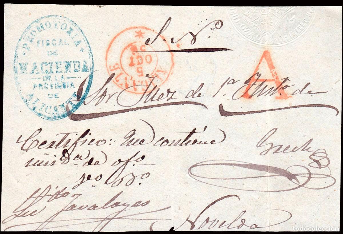 Sellos: Alicante - Prefilatelia - PE 22R - 1856 - Frente plica marca &rdquo;A&rdquo; abono roja a Novelda +