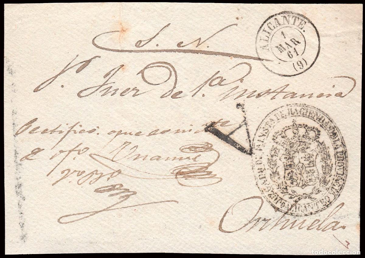 Sellos: Alicante - Prefilatelia - PE 22N - 1861 - Frente plica marca &rdquo;A&rdquo; abono negra a Orihuela +