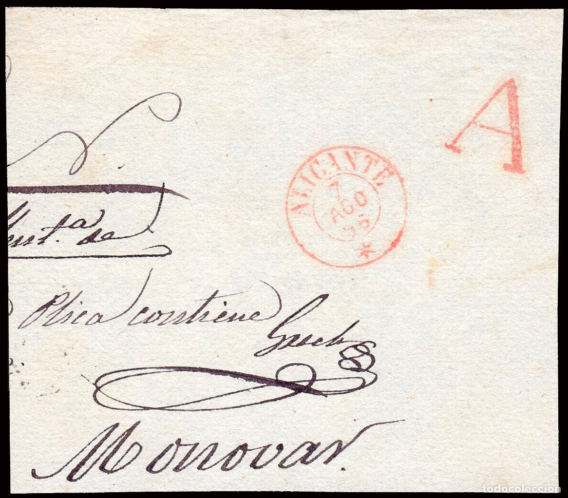 Briefmarken: Alicante - Prefilatelia - PE 22R - 1856 - Frente plica marca &rdquo;A&rdquo; abono roja a Mon&oacute;var +