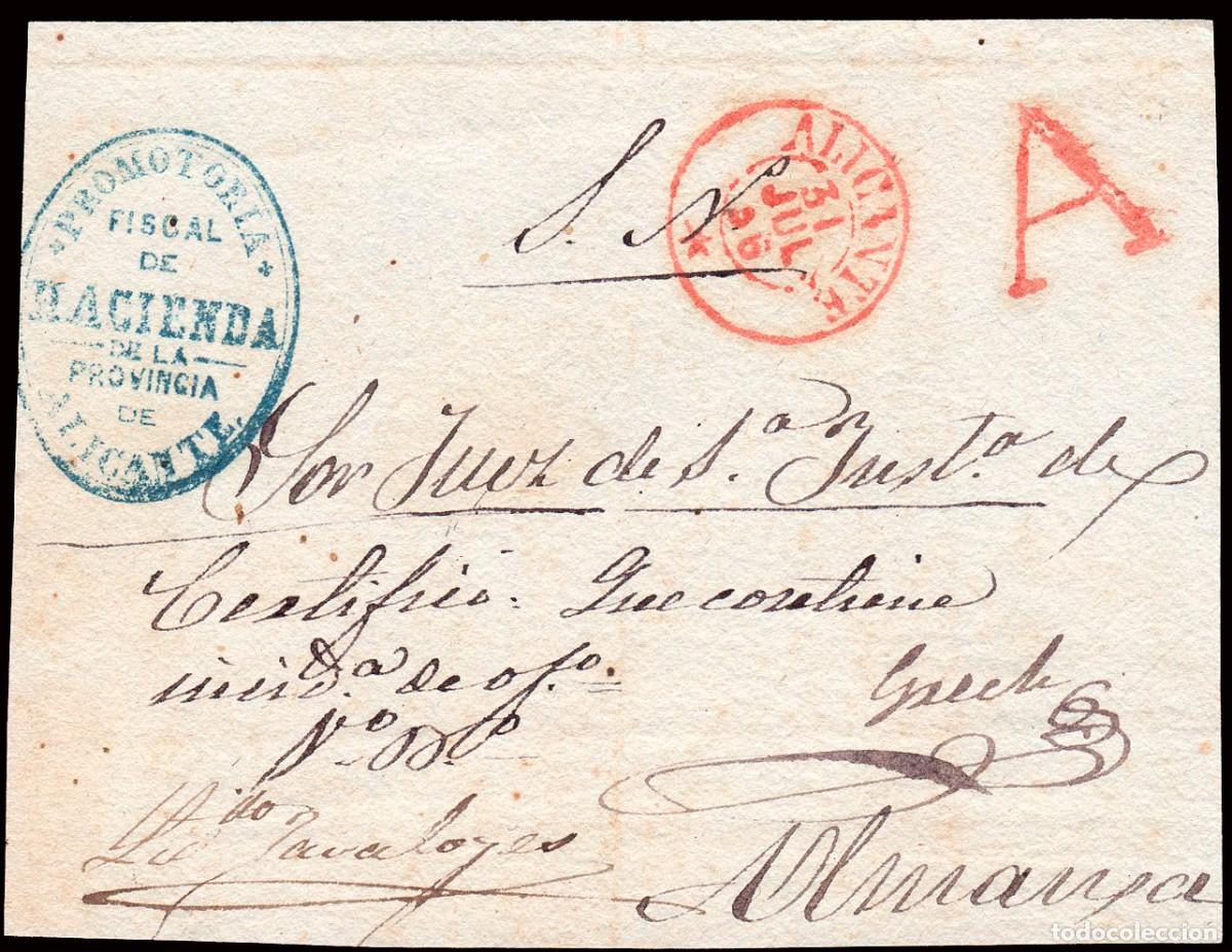 Briefmarken: Alicante - Prefilatelia - PE 22R - 1856 - Frente plica marca &rdquo;A&rdquo; abono roja a Almansa +