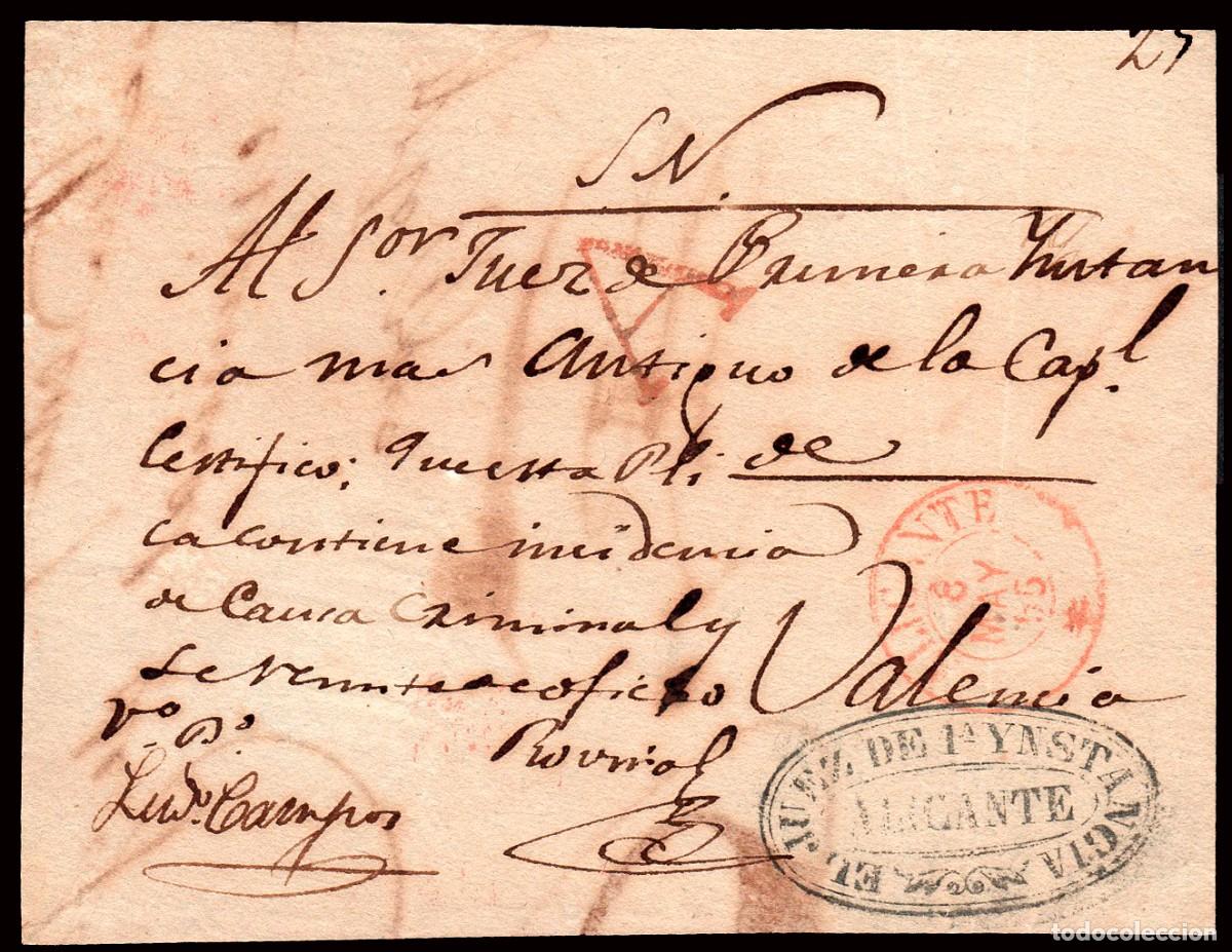 Sellos: Alicante - Prefilatelia - PE 22R - 1865 - Frente de plica con marca &rdquo;A&rdquo; abono rojo a Valencia +