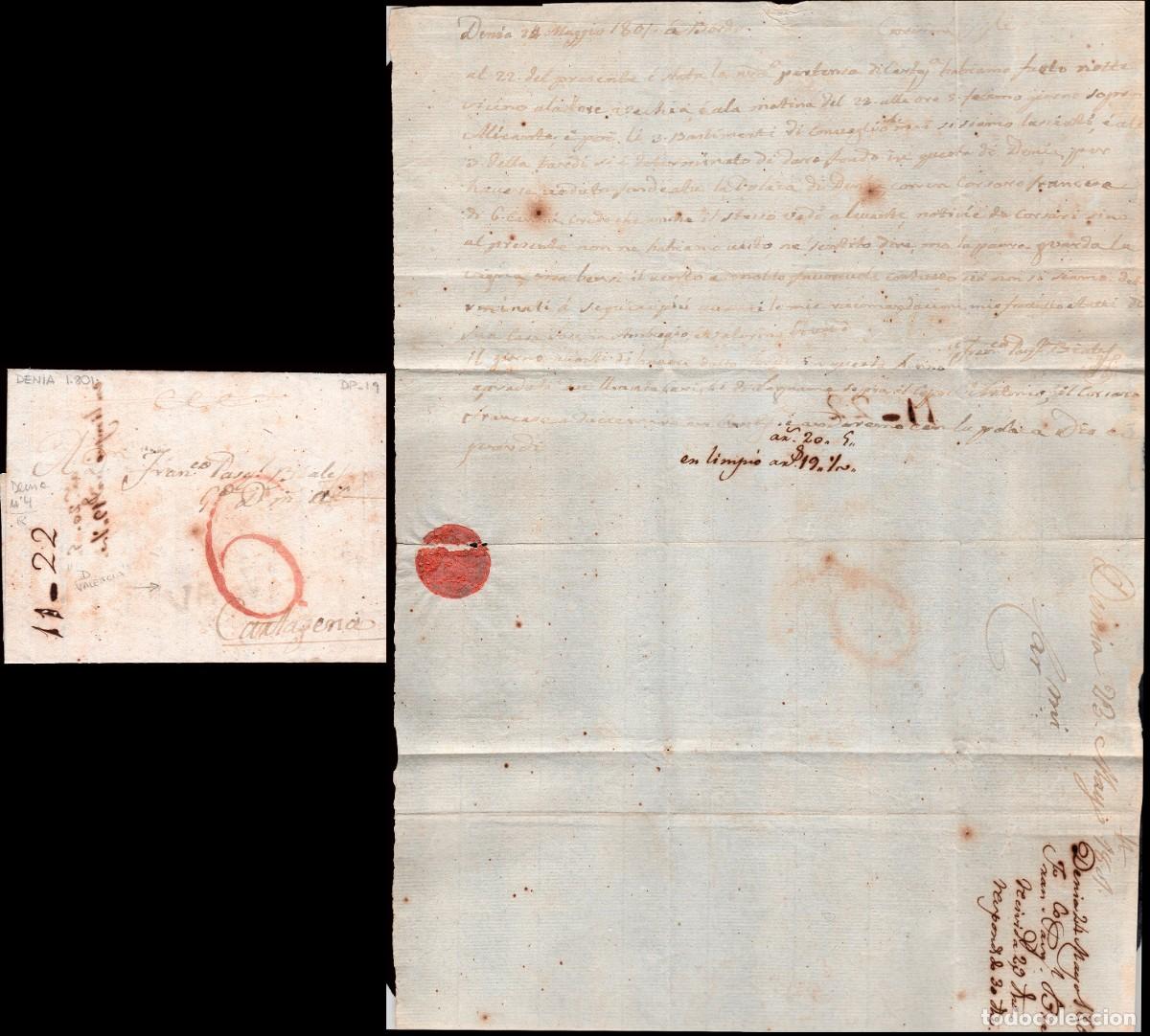Sellos: Alicante - Prefilatelia - Denia PE 4N (estampaci&oacute;n d&eacute;bil) - 1804 - Carta a Cartagena + porteo &rdquo;6&rdquo;