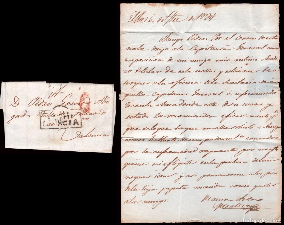 Sellos: Alicante - Prefilatelia - Elche PE 5N - 1834 - Carta a Valencia + porteo &rdquo;8&rdquo;