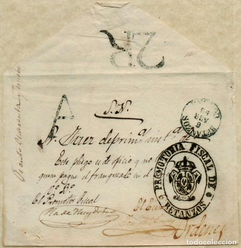 Sellos: FA1039A. PREFILATELIA. 1858. Envuelta de plica judicial remitida de Betanzos a Ordenes, RR