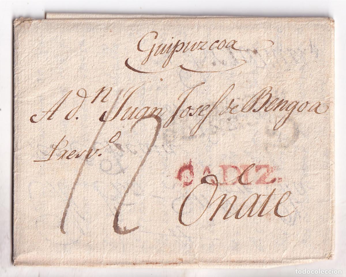 Selos: PREFILATELIA. CARTA ENTERA DOBLE USO. C&Aacute;DIZ A O&Ntilde;ATE Y ABERASTURI. VITORIA. 1814. PA&Iacute;S VASCO