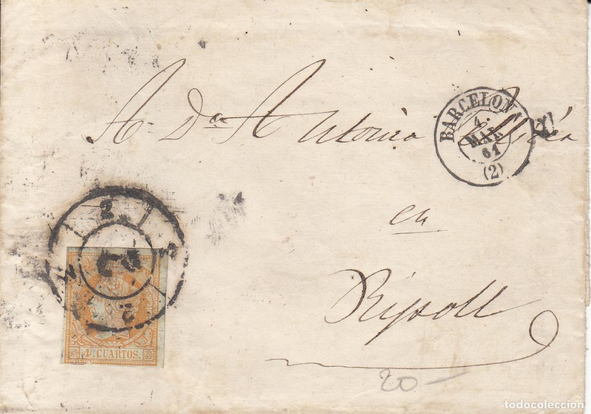 Selos: CRCAR100 ENVOLTURA DE CARTA DE BARCELONA A RIPOLL, CON SELLO N&ordm;52. RUEDA DE CARRETA N&ordm; 2 Y FECHADOR