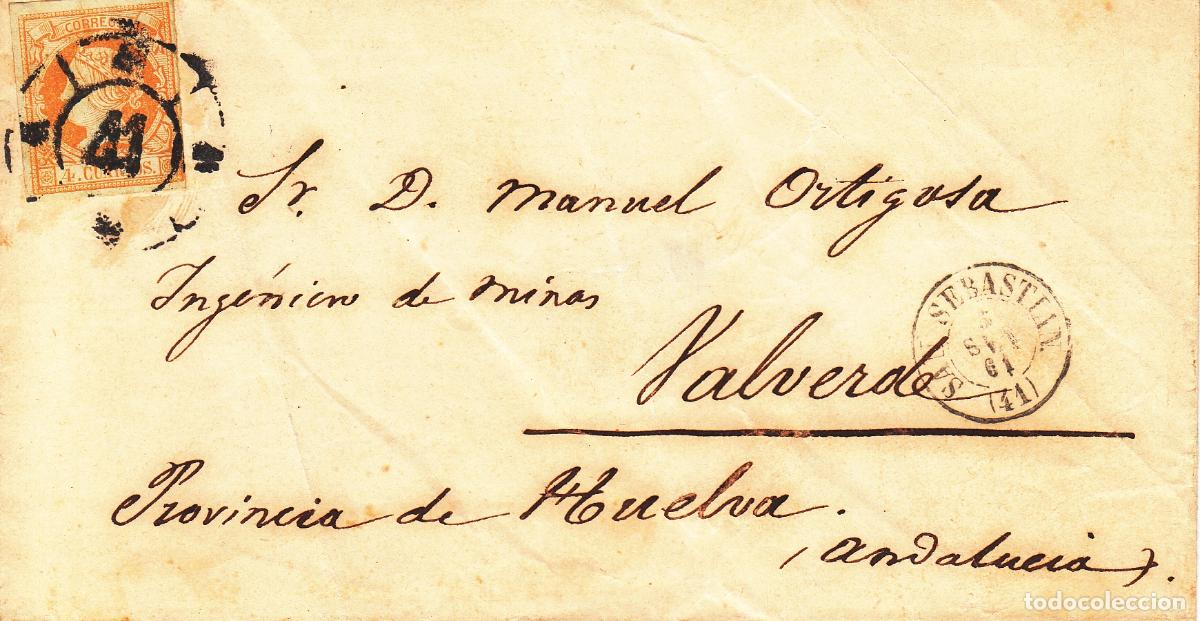 Selos: CRCAR101 ENVOLTURA DE CARTA DE SAN SEBASTIAN A VALVERDE (HUELVA) CON SELLO N&ordm; 52. RUEDA DE CARRETA