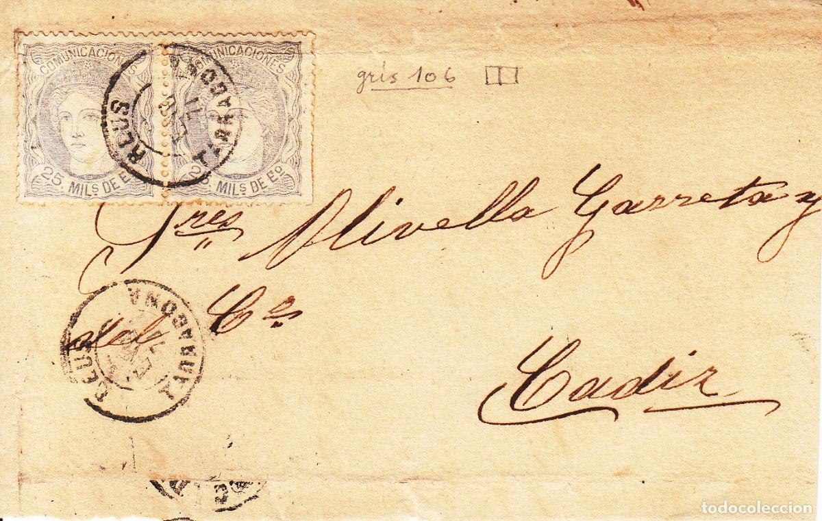 Selos: CRCAR117 FRAGMENTO DE CARTA DE REUS A CADIZ CON PAREJA DEL N&ordm; 106B. FECHADOR NEGRO TIPO II.