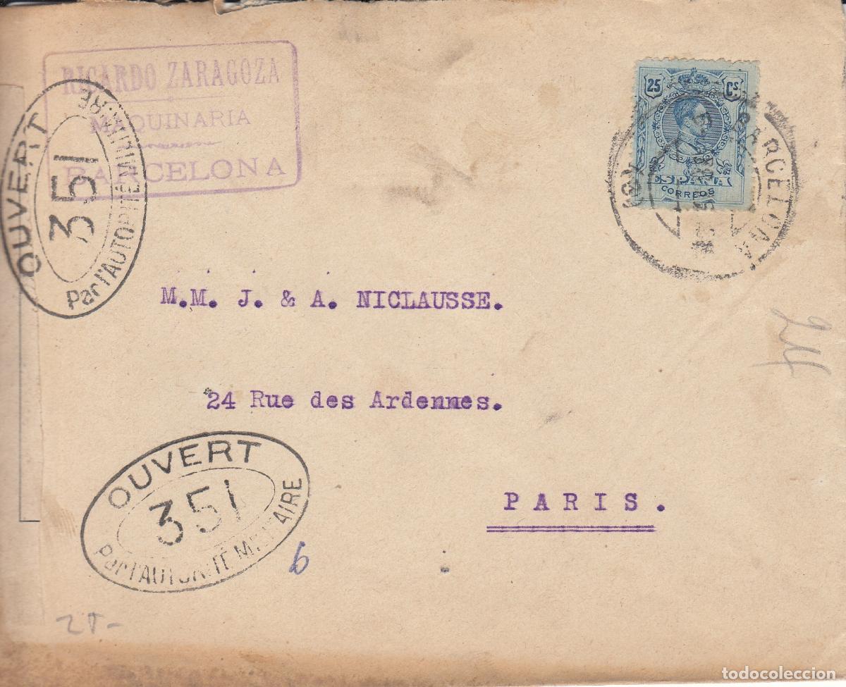 Sellos: CRCAR164 SOBRE DE BARCELONA A PARIS CON SELLO N&ordm; 274. BANDA LATERAL DE LA CENSURA FRANCESA Y MARCA