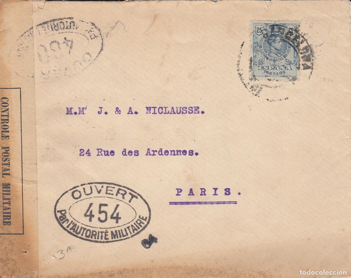 Sellos: CRCAR168 SOBRE DE BARCELONA A PARIS CON SELLO N&ordm; 274. BANDA LATERAL DE LA CENSURA FRANCESA Y MARCA