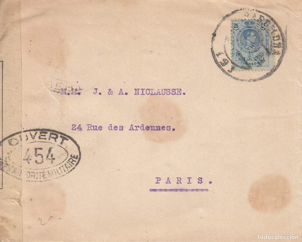 Sellos: CRCAR169 SOBRE DE BARCELONA A PARIS CON SELLO N&ordm; 274. BANDA LATERAL DE LA CENSURA FRANCESA Y MARCA