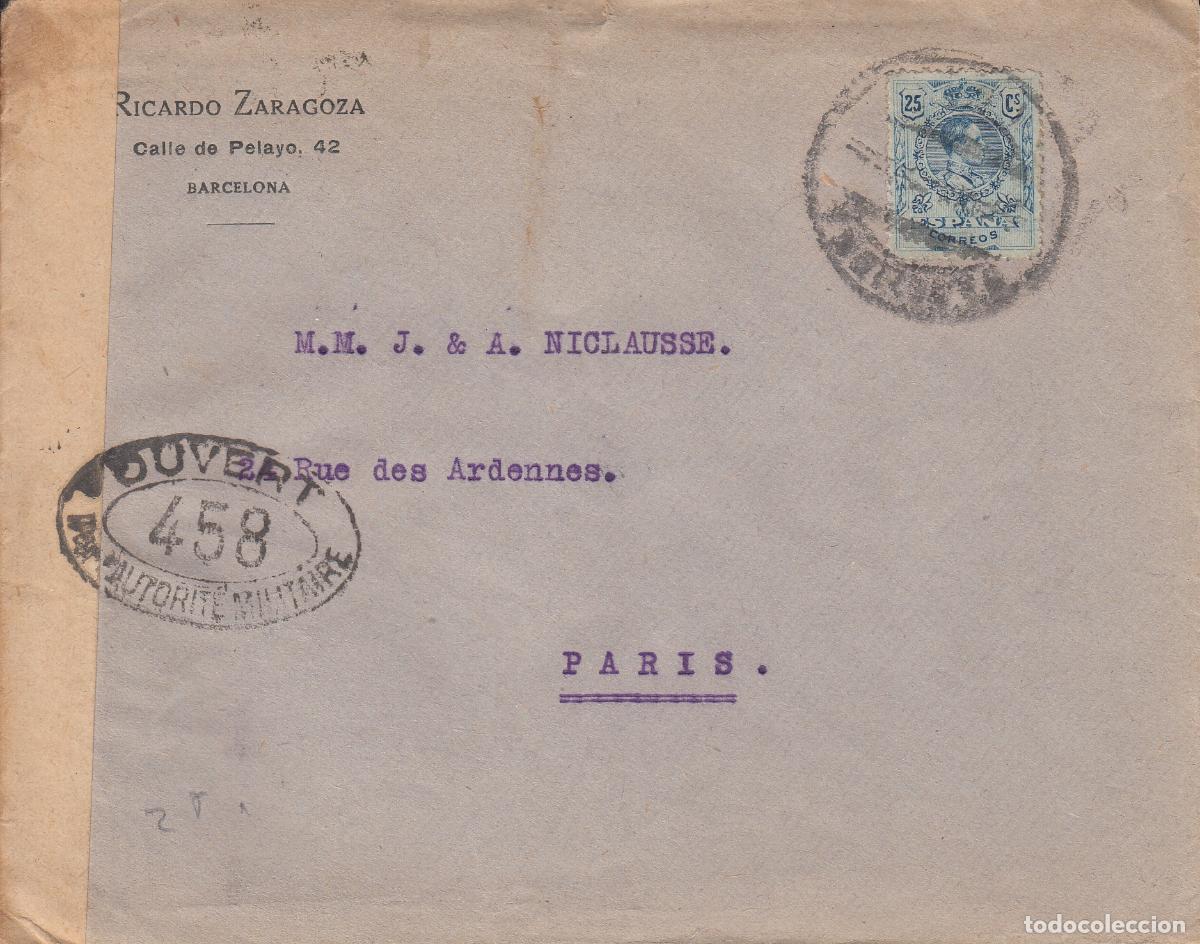 Sellos: CRCAR170 SOBRE DE BARCELONA A PARIS CON SELLO N&ordm; 274. BANDA LATERAL DE LA CENSURA FRANCESA Y MARCA
