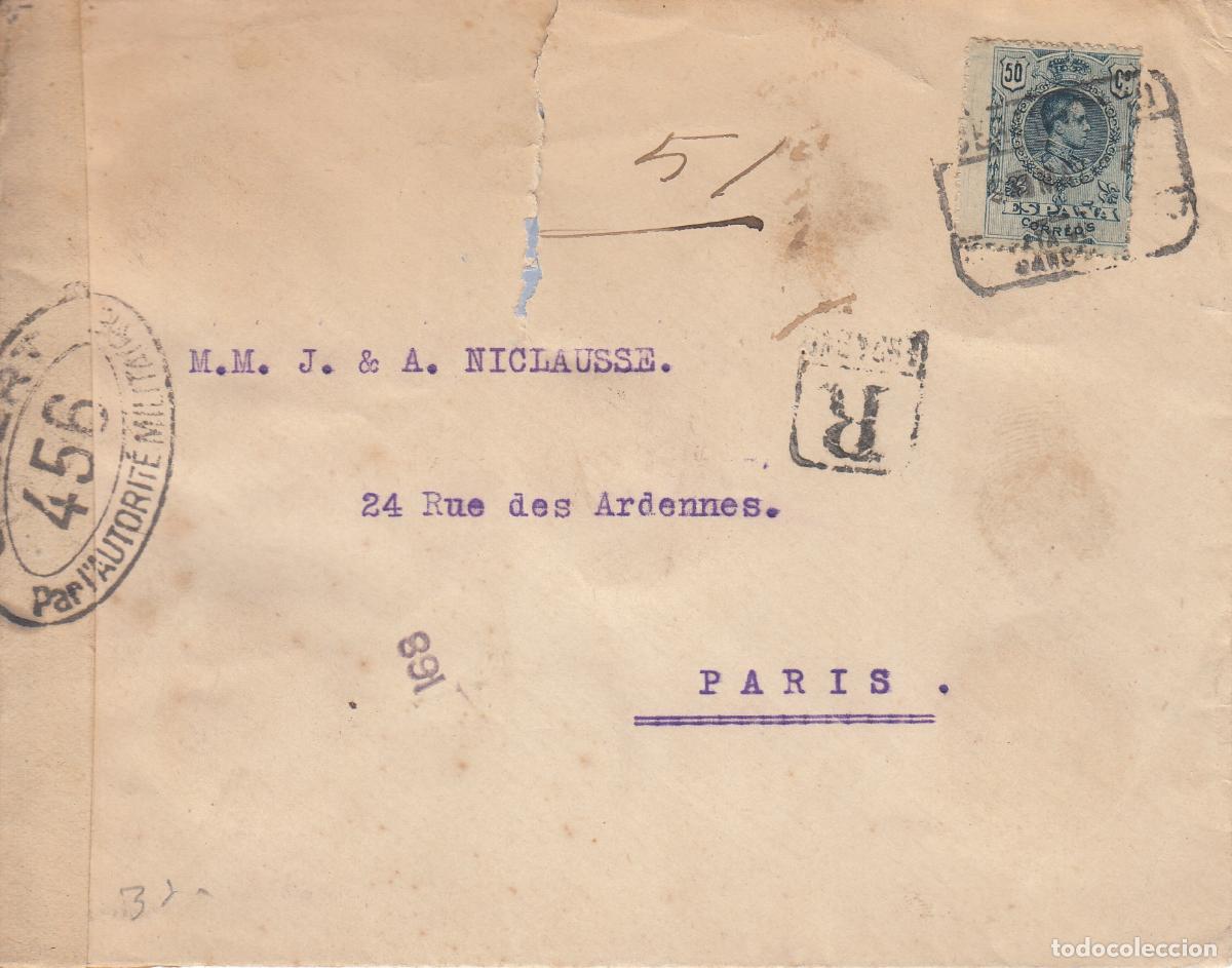 Sellos: CRCAR173 SOBRE DE BARCELONA A PARIS CON SELLO N&ordm; 277. MATASELLO RECTIFICADO MARCA R EN RECUADRO