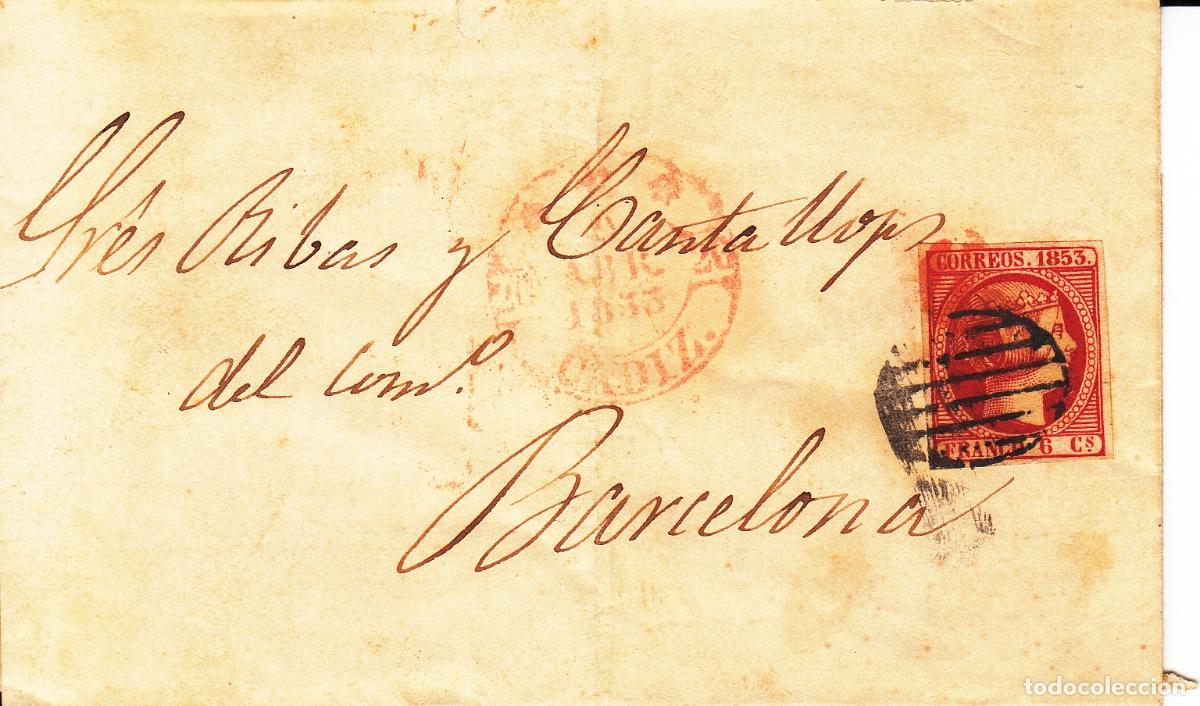 Sellos: CRCAR021 CARTA CADIZ A BARCELONA FRANQUEO 17 MATASELLO PARRILLA Y BAEZA SOBRE SELLO 6 CM ROJO