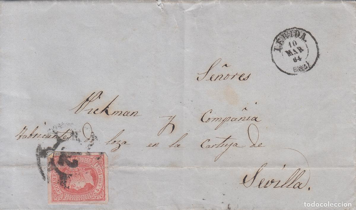 Sellos: CRCAR081 CARTA COMPLETA DE LERIDA A SEVILLA CON SELLO N&ordm; 64. MATASELLO RUEDA DE CARRETA 32.