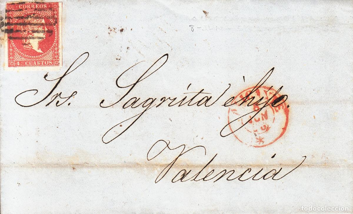 Sellos: CRCAR092 CARTA COMPLETA DE ALICANTE A VALENCIA CON SELLO N&ordm; 48. PARRILLA NEGRA. FECHADOR ROJO
