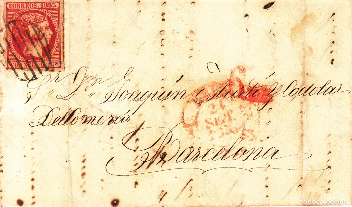 Sellos: CRCAR022 CARTA REUS A BARCELONA N&ordm; 17 MATASELLO PARRILLA NEGRA, BAEZA Y 6CM EN ROJO