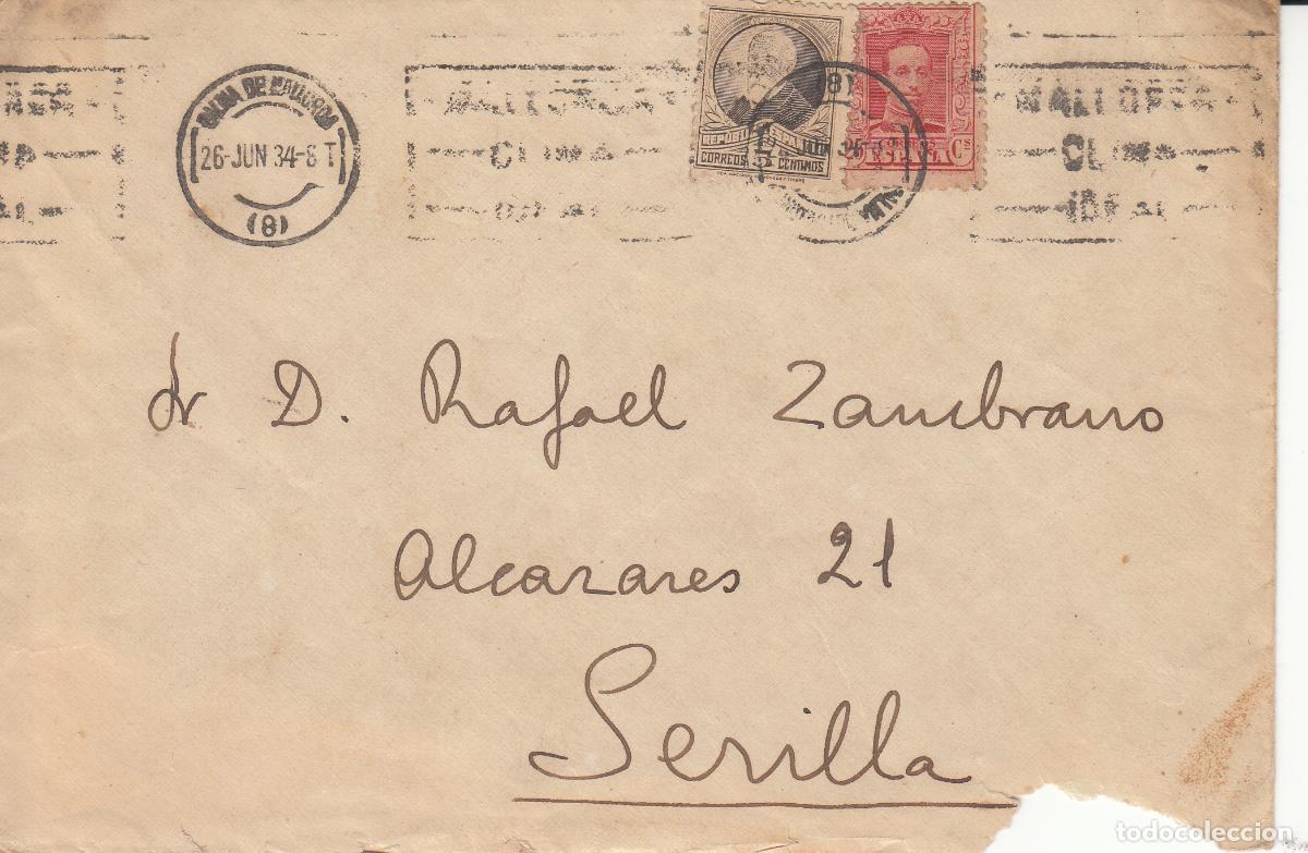 Sellos: CRCAR177 SOBRE DE PALMA DE MALLORCA A SEVILLA CON SELLO N&ordm; 317 Y 663 MATASELLO RODILLO 26-06-34