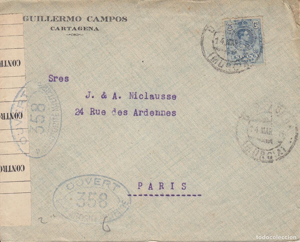 Sellos: CRCAR178 SOBRE DE CARTAGENA A PARIS CON SELLO N&ordm; 274 BANDA LATERAL DE CENSURA Y N&ordm; 358 DE HABER