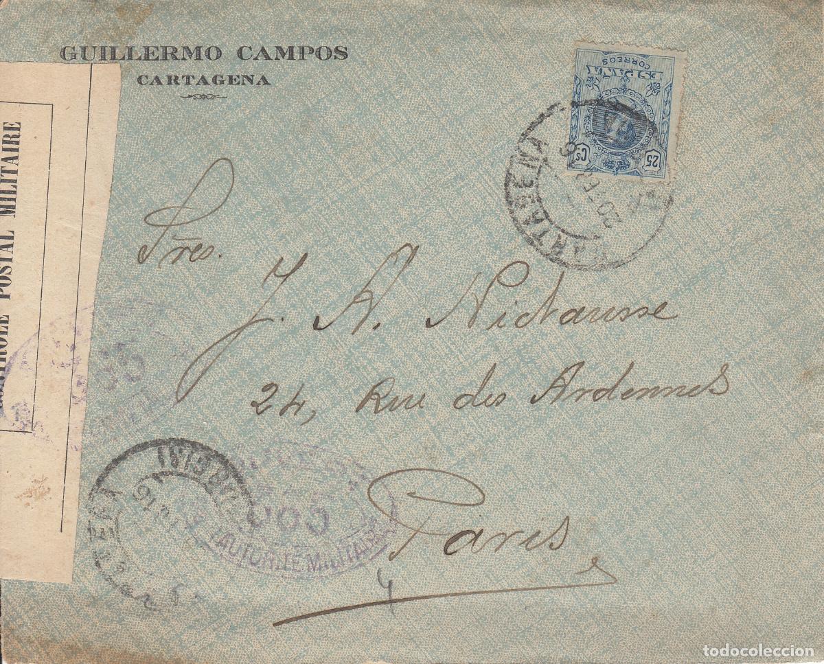 Sellos: CRCAR179 SOBRE DE CARTAGENA A PARIS CON SELLO N&ordm; 274 BANDA LATERAL DE CENSURA Y N&ordm; 369 DE HABER