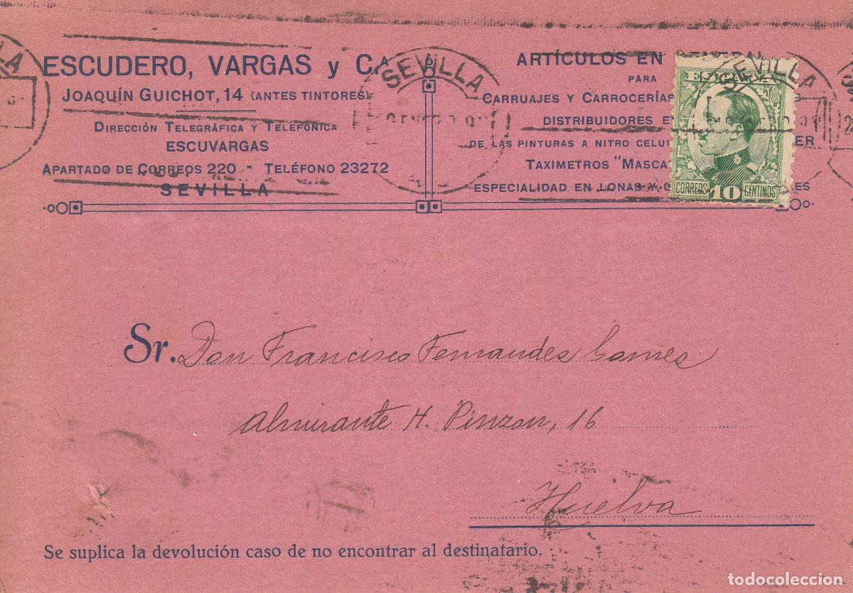 Sellos: CRCAR180 TARJETA COMERCIAL DE SEVILLA A HUELVA CON SELLO 492 MATASELLOS RODILLO MUDO DE SEVILLA