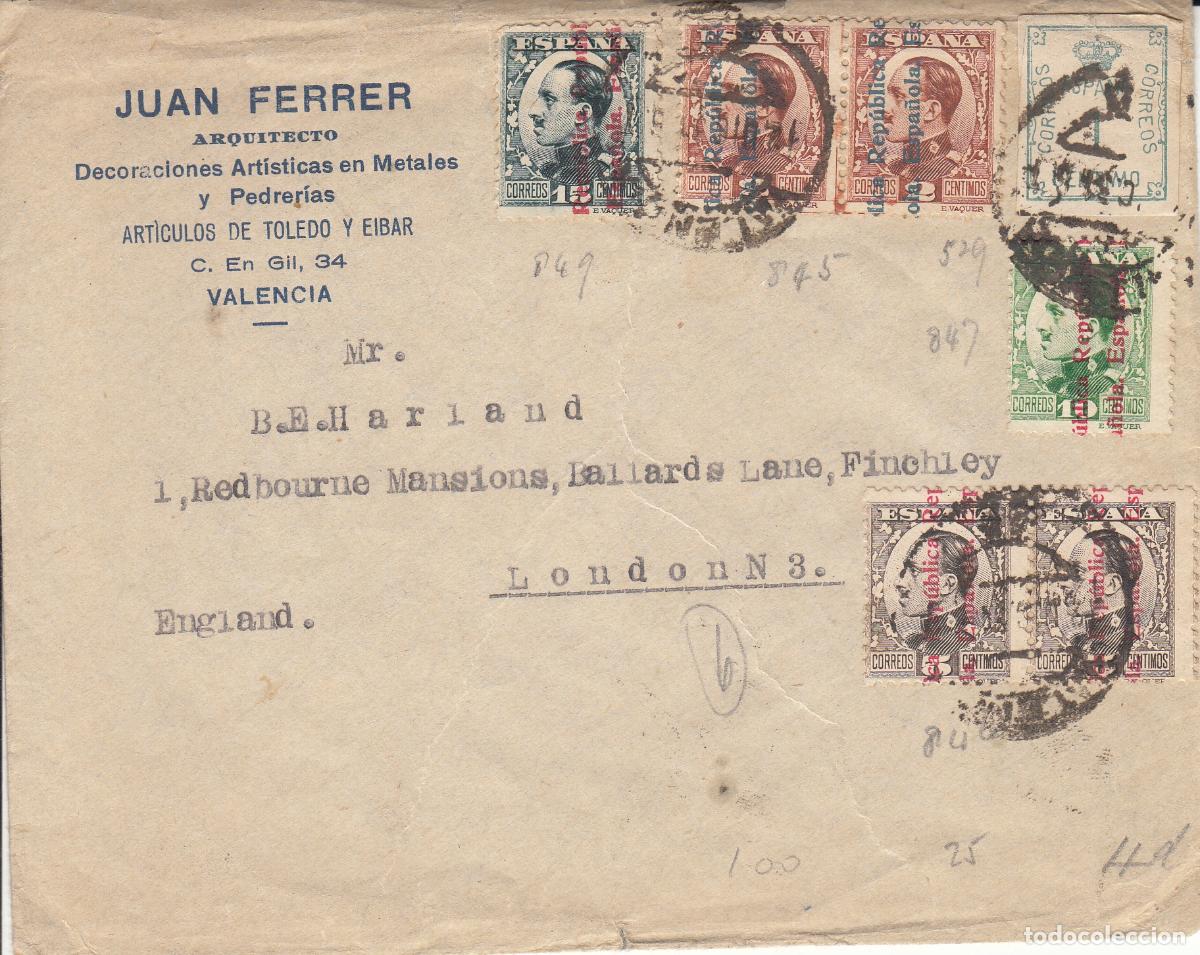 Sellos: CRCAR181 SOBRE DE VALENCIA A LONDRES SELLOS N&ordm; 291, 593 -2-, 594 -2- 595 Y 596 FECHADOR VALENCIA