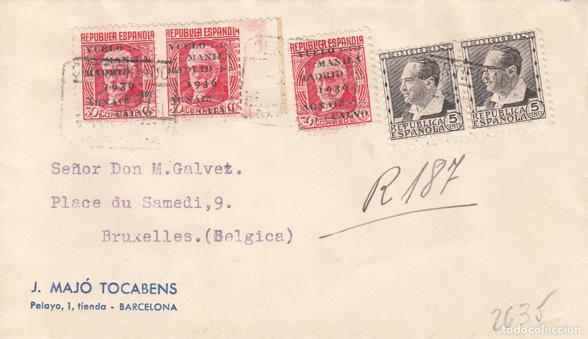 Sellos: CRCAR185 SOBRE DE BARCELONA A BRUSELAS CON SELLOS 681-2- Y 741 -3- MATASELLOS CERTIFICADOS 06-02-37