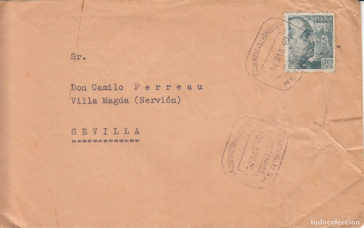 Sellos: CRCAR218 SOBRE DE HERNANI A SEVILLA CON SELLO N&ordm; 925. MATASELLO CAJA POSTAL DE AHORROS.