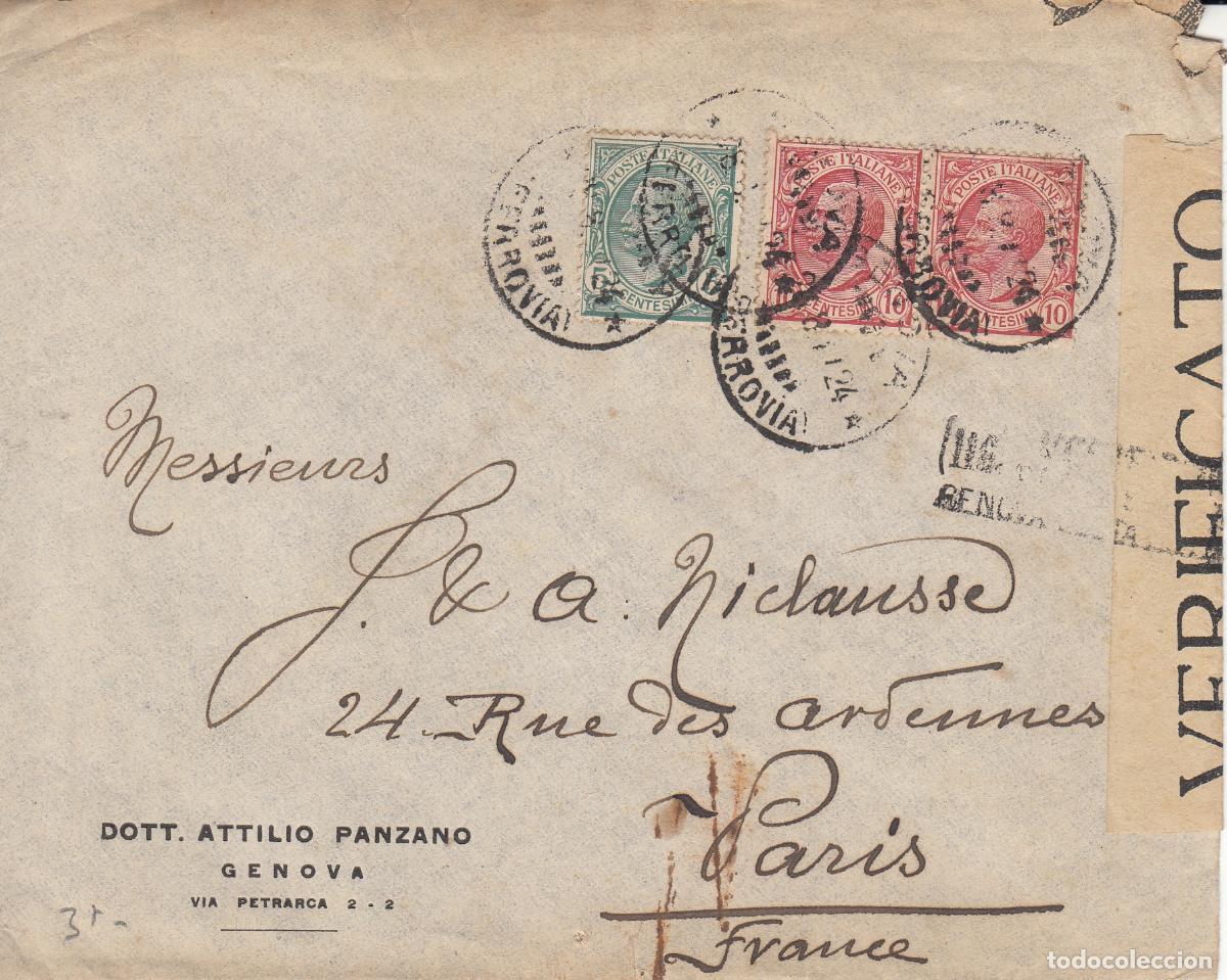 Francobolli: CRCAR343 SOBRE DE CARTA DE GENOVA A PARIS CON SELLO 76 Y 77 -2- BORDE DE CENSURA