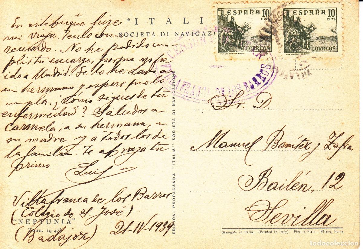 Francobolli: CRCAR196 TARJETA POSTAL DEL BARCO NEPTUNIA DE VILLAFRANCO DE LOS BARRIOS A SEVILLA CON SELLOS N&ordm;