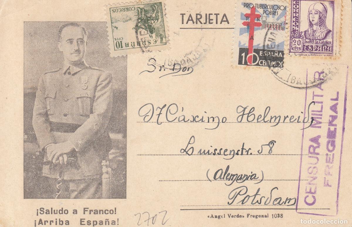 Francobolli: CRCAR207 TARJETA POSTAL CON EFIGIE DE FRANCO CON LOS SELLOS N&ordm; 817, 855 Y 866. CENSURA EN VIOLETA