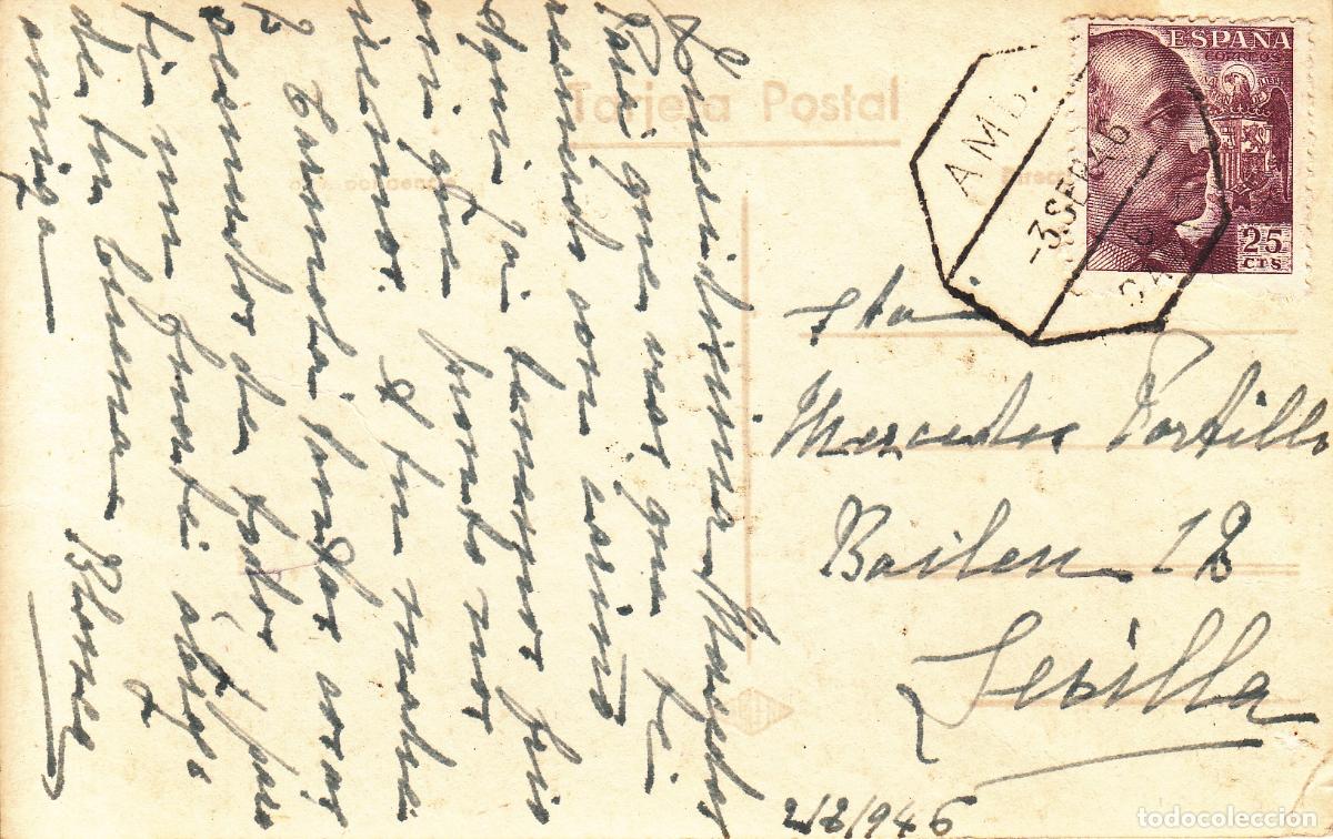 Francobolli: CRCAR217 TARJETA POSTAL DE CADIZ A SEVILLA. CON SELLO N&ordm; 923. MATASELLOS AMBULANTE -6- CADIZ DEL
